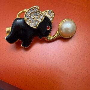 Black Enamel Elephant Brooch with Faux Pearl & Rhinestones